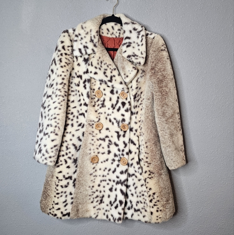 Faux Fur Spotted Pea Coat in Cream and Brown